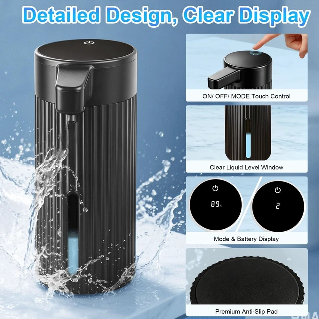 Alt view image 4 of 7 - Automatic Liquid Soap Dispenser Touchless, Rechargeable, Adjustable | Long Battery Life, Digital Display, 4-Level, for Dish Hand Soap, IPX5 Waterproof, 14.2oz, Kitchen Bathroom Accessories, Black