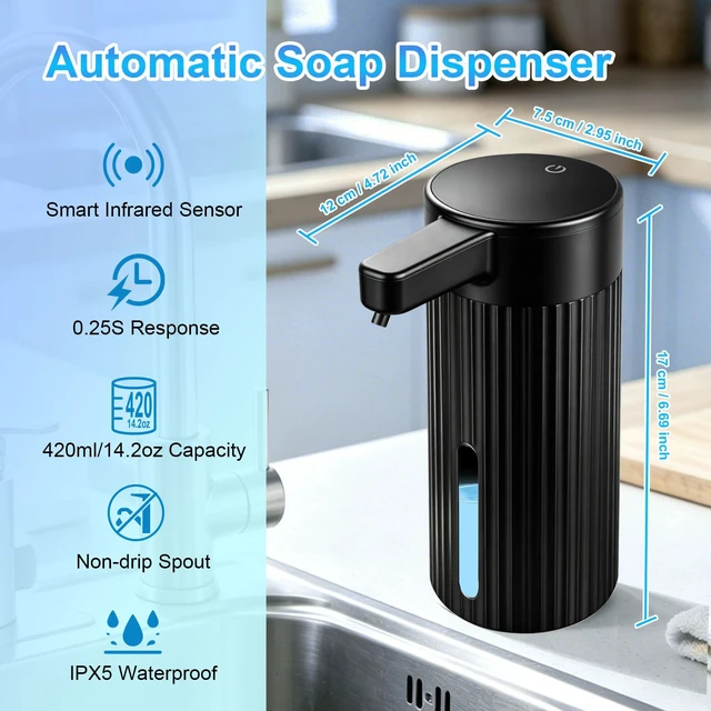 Alt view image 6 of 7 - Automatic Liquid Soap Dispenser Touchless, Rechargeable, Adjustable | Long Battery Life, Digital Display, 4-Level, for Dish Hand Soap, IPX5 Waterproof, 14.2oz, Kitchen Bathroom Accessories, Black