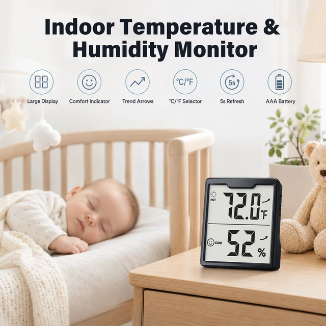 Alt view image 2 of 7 - 3 Pieces Digital Hygrometer Indoor Thermometer Humidity Meter, Black | 5s Fast Refresh, Accurate Temperature and Humidity Monitor for House, Baby Room, Greenhouse, Incubator