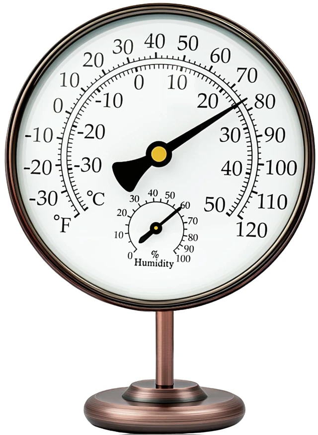 Main image of 4'' Indoor Thermometer & Humidity Gauge, Brass Temperature Gauge with Stand | Room Analog Temperature and Humidity Monitor, Battery-Free Thermometer for Home, Office, Garage, Table or RV