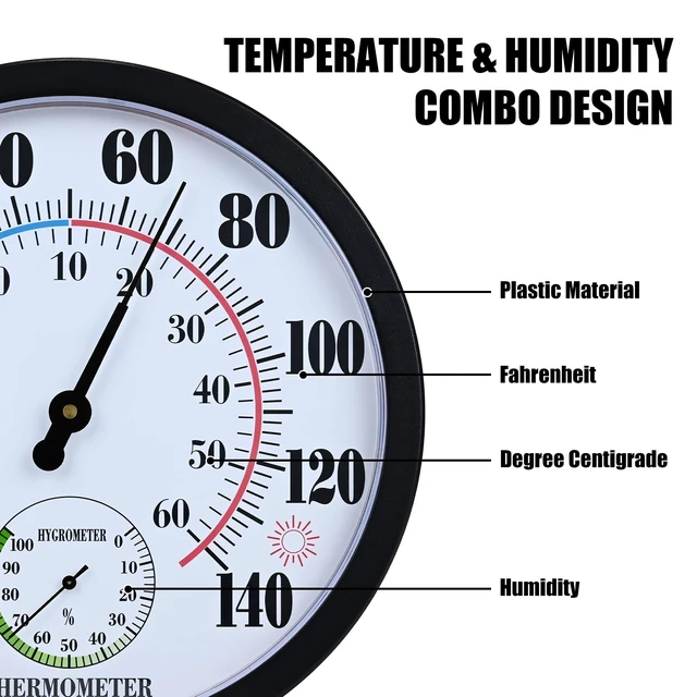 Alt view image 3 of 7 - 10 Inch Indoor Outdoor Thermometer Hygrometer Combo | Large Dial Analog Temperature Humidity Gauge, Wall Mount Weather Thermometer for Home Patio Greenhouse Garage Room