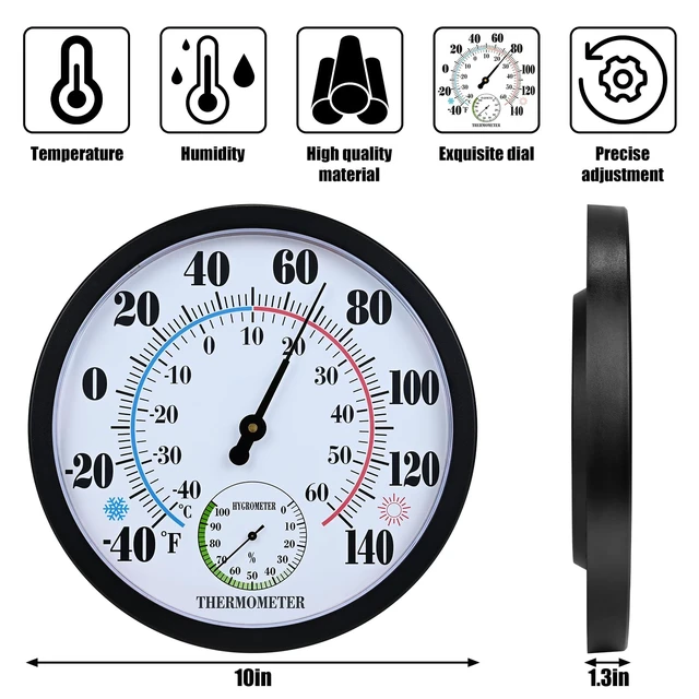 Alt view image 4 of 7 - 10 Inch Indoor Outdoor Thermometer Hygrometer Combo | Large Dial Analog Temperature Humidity Gauge, Wall Mount Weather Thermometer for Home Patio Greenhouse Garage Room
