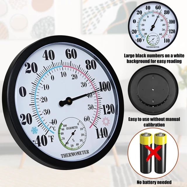 Alt view image 5 of 7 - 10 Inch Indoor Outdoor Thermometer Hygrometer Combo | Large Dial Analog Temperature Humidity Gauge, Wall Mount Weather Thermometer for Home Patio Greenhouse Garage Room