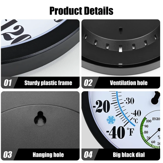 Alt view image 6 of 7 - 10 Inch Indoor Outdoor Thermometer Hygrometer Combo | Large Dial Analog Temperature Humidity Gauge, Wall Mount Weather Thermometer for Home Patio Greenhouse Garage Room