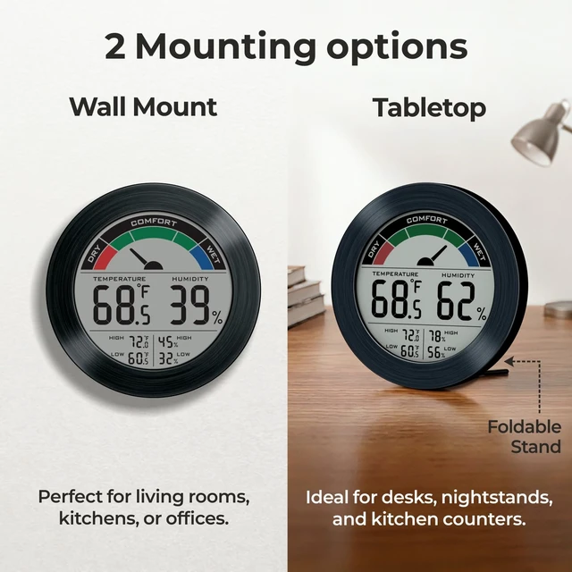 Alt view image 6 of 7 - Digital Hygrometer Indoor Thermometer, Brushed Metal Frame, Black | Large round display, clear digits, accurate readings, comfort gauge, humidity meter, room temperature and humidity monitor