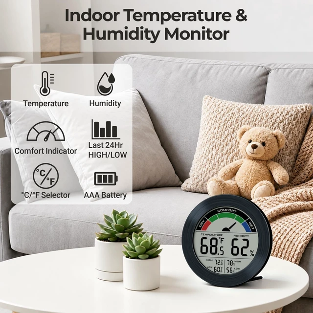 Alt view image 5 of 7 - Digital Hygrometer Indoor Thermometer, Brushed Metal Frame, Black | Large round display, clear digits, accurate readings, comfort gauge, humidity meter, room temperature and humidity monitor