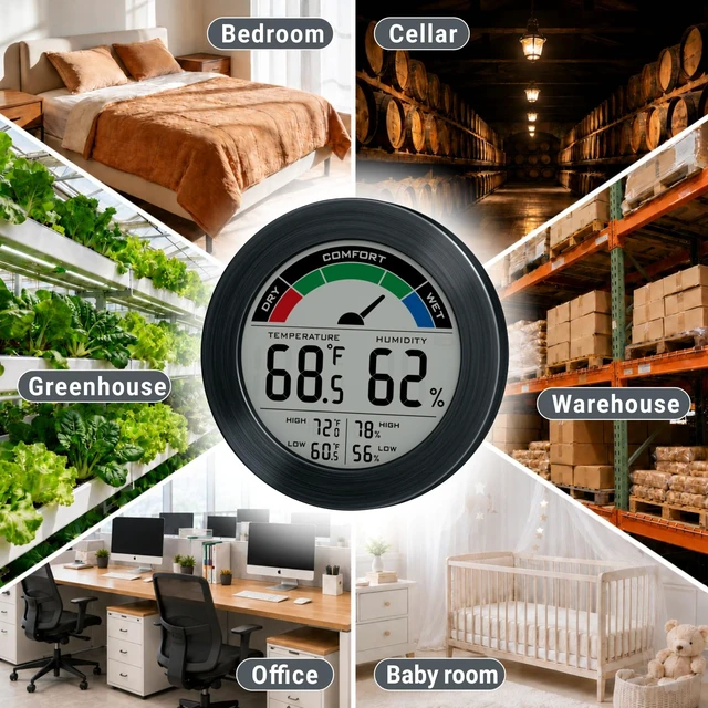 Alt view image 7 of 7 - Digital Hygrometer Indoor Thermometer, Brushed Metal Frame, Black | Large round display, clear digits, accurate readings, comfort gauge, humidity meter, room temperature and humidity monitor