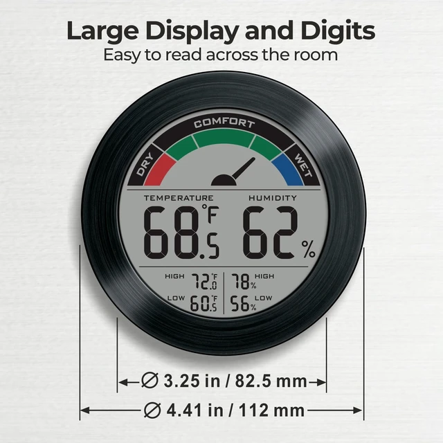 Alt view image 2 of 7 - Digital Hygrometer Indoor Thermometer, Brushed Metal Frame, Black | Large round display, clear digits, accurate readings, comfort gauge, humidity meter, room temperature and humidity monitor