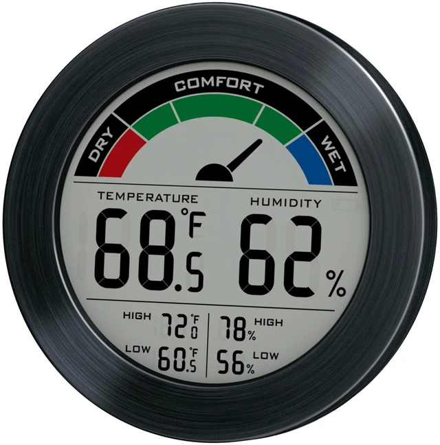 Main image of Digital Hygrometer Indoor Thermometer, Brushed Metal Frame, Black | Large round display, clear digits, accurate readings, comfort gauge, humidity meter, room temperature and humidity monitor