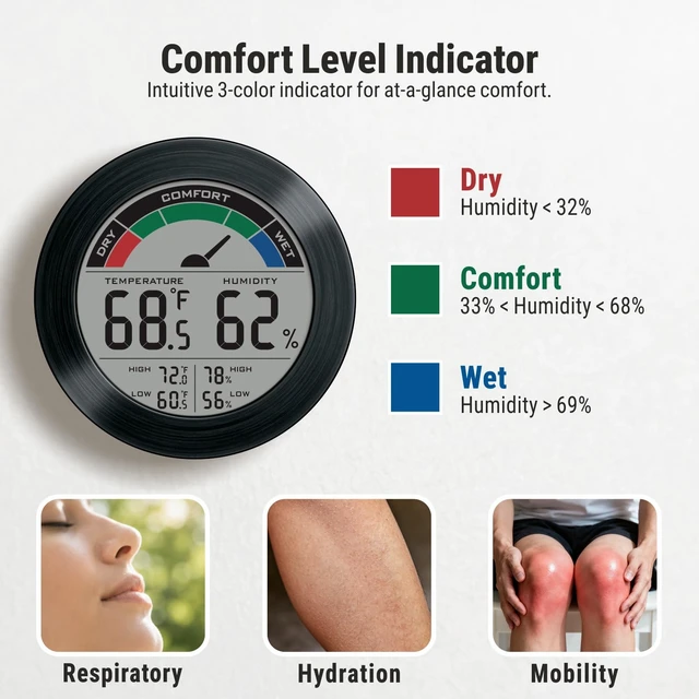 Alt view image 4 of 7 - Digital Hygrometer Indoor Thermometer, Brushed Metal Frame, Black | Large round display, clear digits, accurate readings, comfort gauge, humidity meter, room temperature and humidity monitor