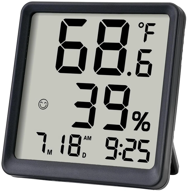 Main image of Room Hygrometer Indoor Thermometer for Home, Black | Small Digital Temperature Humidity, Comfort Indicator, Digital Clock & Calendar, Desktop Humidity Meter, Compact Size