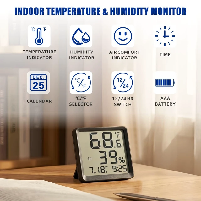 Alt view image 2 of 7 - Room Hygrometer Indoor Thermometer for Home, Black | Small Digital Temperature Humidity, Comfort Indicator, Digital Clock & Calendar, Desktop Humidity Meter, Compact Size