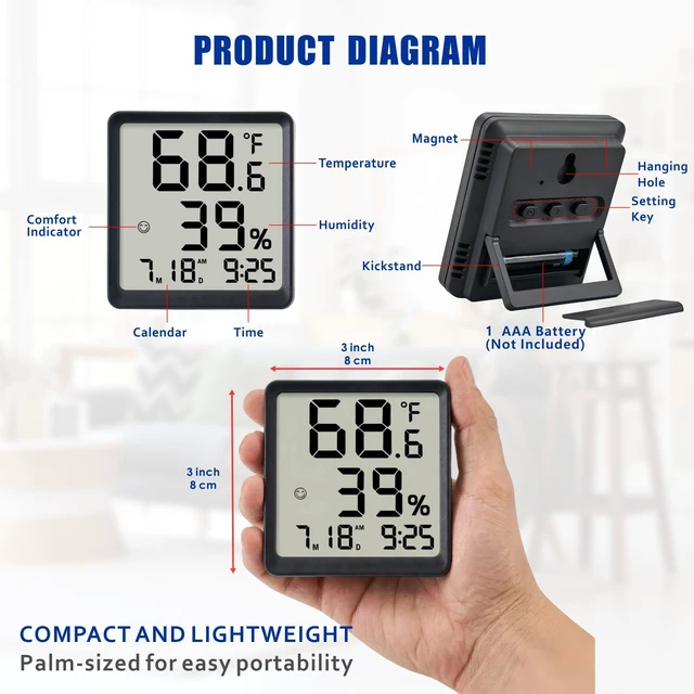 Alt view image 3 of 7 - Room Hygrometer Indoor Thermometer for Home, Black | Small Digital Temperature Humidity, Comfort Indicator, Digital Clock & Calendar, Desktop Humidity Meter, Compact Size