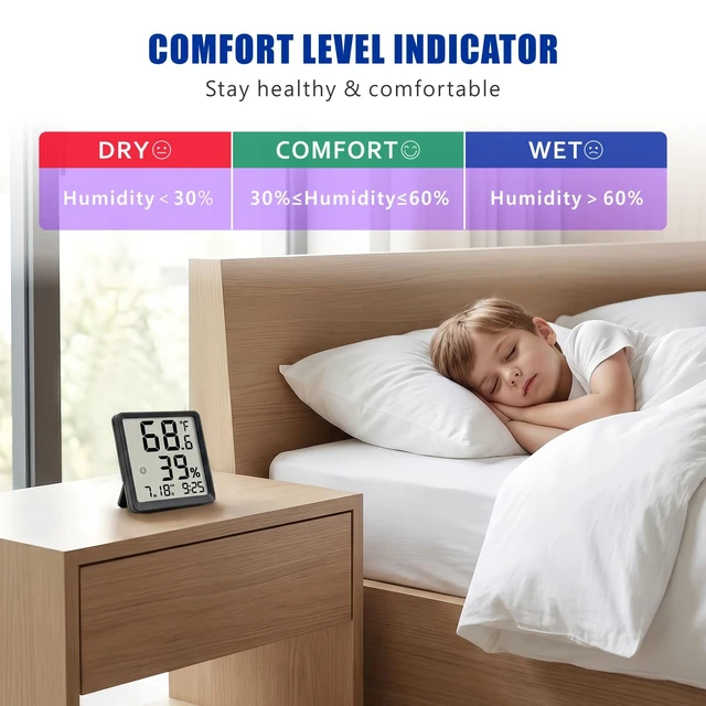 Alt view image 6 of 7 - Room Hygrometer Indoor Thermometer for Home, Black | Small Digital Temperature Humidity, Comfort Indicator, Digital Clock & Calendar, Desktop Humidity Meter, Compact Size