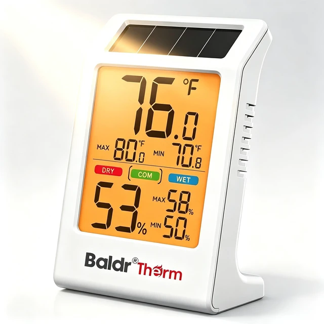 Main image of Indoor Thermometer Humidity Meter with Backlight Solar Powered | Room Temperature Monitor with Max/Min Clear Record&Comfort Indicator Digital Hygrometer for Home Office, Battery Backup,1Pack