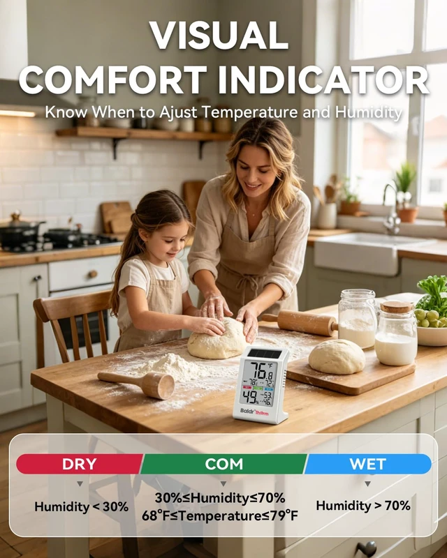 Alt view image 6 of 7 - Indoor Thermometer Humidity Meter with Backlight Solar Powered | Room Temperature Monitor with Max/Min Clear Record&Comfort Indicator Digital Hygrometer for Home Office, Battery Backup,1Pack
