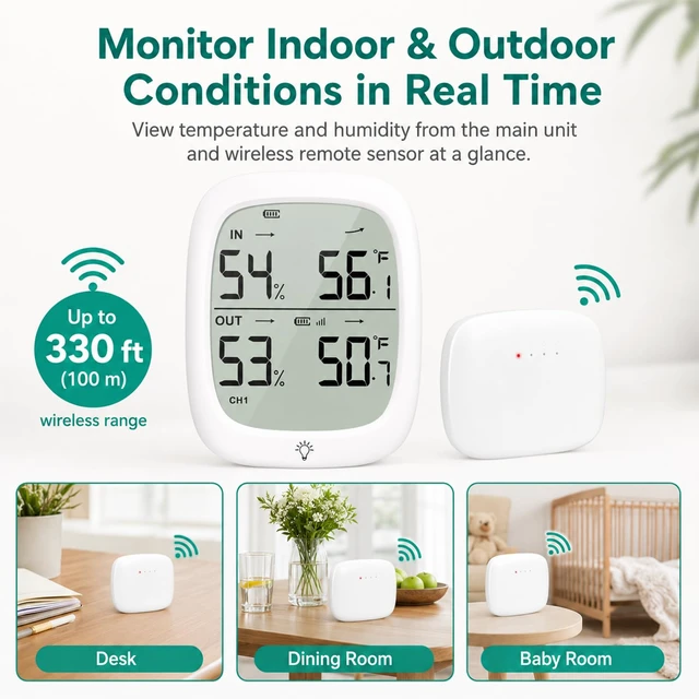 Alt view image 2 of 7 - Indoor Outdoor Thermometer Wireless Hygrometer, 330 ft Sensor | High Accuracy Temperature Humidity Monitor, 30-Second Updates, Clear Backlit Display for Home, Greenhouse, Nursery & Patio