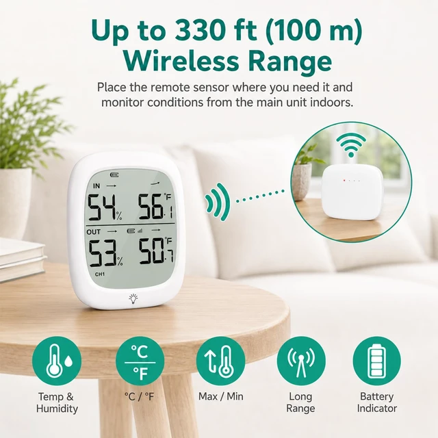 Alt view image 4 of 7 - Indoor Outdoor Thermometer Wireless Hygrometer, 330 ft Sensor | High Accuracy Temperature Humidity Monitor, 30-Second Updates, Clear Backlit Display for Home, Greenhouse, Nursery & Patio