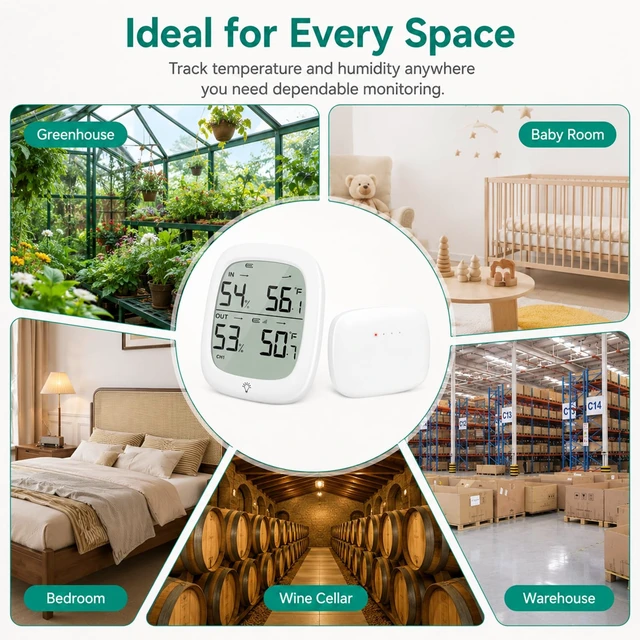 Alt view image 5 of 7 - Indoor Outdoor Thermometer Wireless Hygrometer, 330 ft Sensor | High Accuracy Temperature Humidity Monitor, 30-Second Updates, Clear Backlit Display for Home, Greenhouse, Nursery & Patio