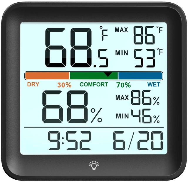 Main image of Indoor Digital Thermometer Hygrometer, Room Temperature Humidity Monitor | Accurate with Calibration, Backlight, Air Comfort Indicator, 24H Max Min Records, Time, Date (AAA Batteries Included)