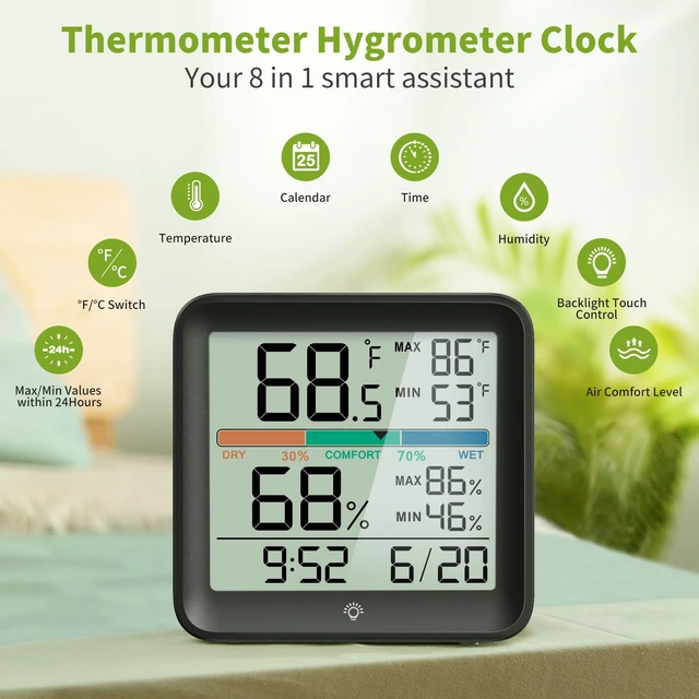 Alt view image 2 of 7 - Indoor Digital Thermometer Hygrometer, Room Temperature Humidity Monitor | Accurate with Calibration, Backlight, Air Comfort Indicator, 24H Max Min Records, Time, Date (AAA Batteries Included)