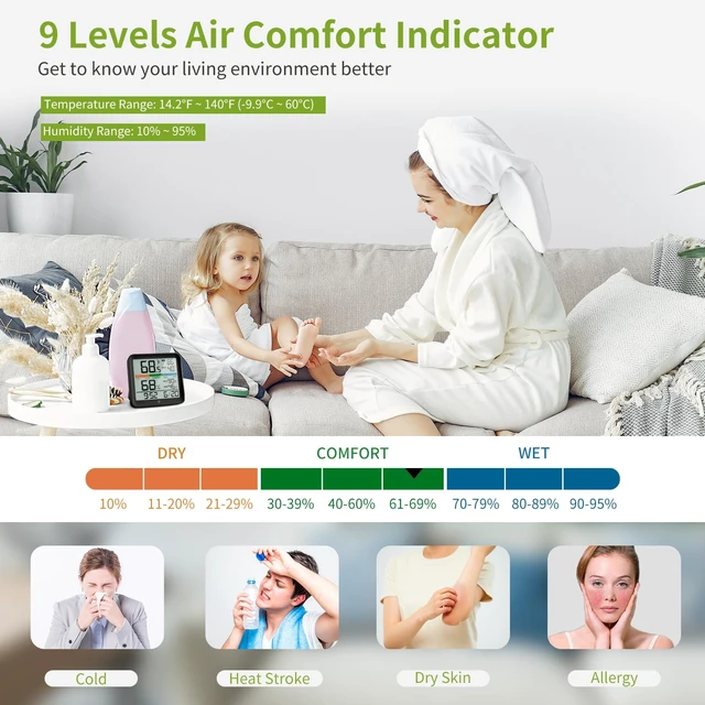 Alt view image 6 of 7 - Indoor Digital Thermometer Hygrometer, Room Temperature Humidity Monitor | Accurate with Calibration, Backlight, Air Comfort Indicator, 24H Max Min Records, Time, Date (AAA Batteries Included)