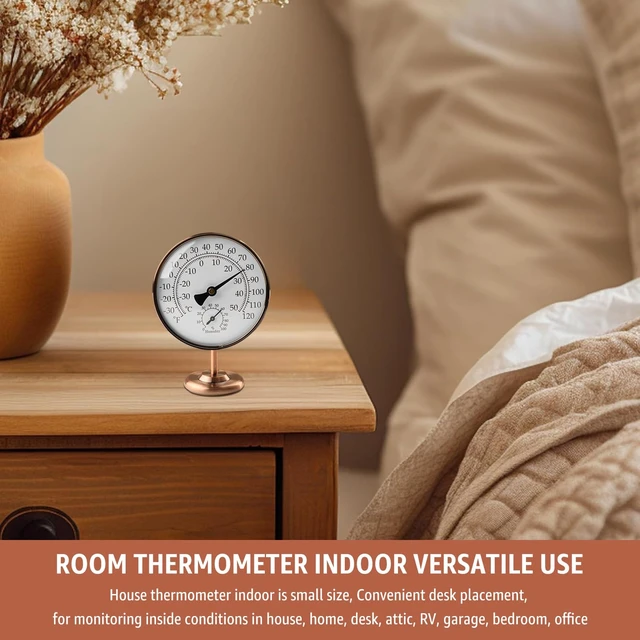 Alt view image 2 of 7 - 4" Indoor Thermometer & Humidity Gauge, Brass Dial with Stand | Room Analog Temperature & Humidity Monitor, Dual Scale Display, Battery-Free For House Home Desk Bedroom Garage RV