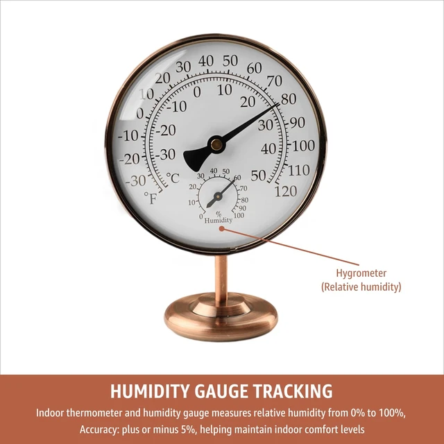 Alt view image 4 of 7 - 4" Indoor Thermometer & Humidity Gauge, Brass Dial with Stand | Room Analog Temperature & Humidity Monitor, Dual Scale Display, Battery-Free For House Home Desk Bedroom Garage RV