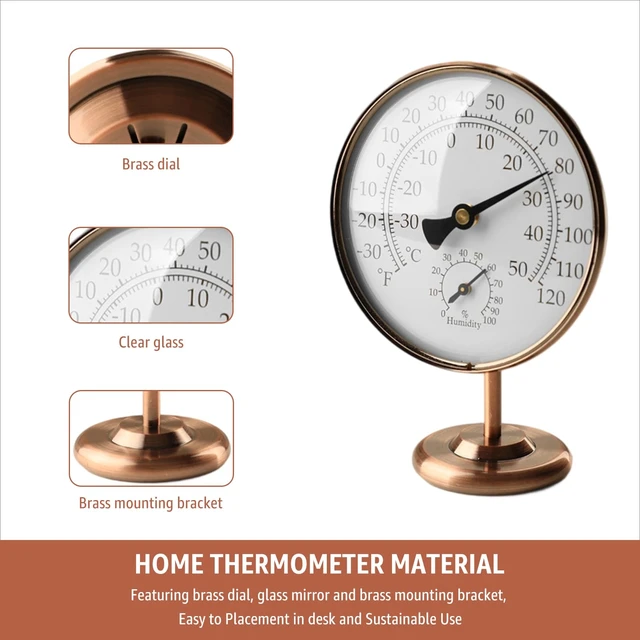 Alt view image 6 of 7 - 4" Indoor Thermometer & Humidity Gauge, Brass Dial with Stand | Room Analog Temperature & Humidity Monitor, Dual Scale Display, Battery-Free For House Home Desk Bedroom Garage RV