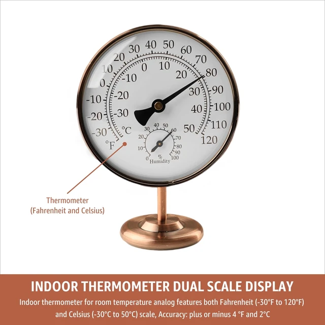 Alt view image 3 of 7 - 4" Indoor Thermometer & Humidity Gauge, Brass Dial with Stand | Room Analog Temperature & Humidity Monitor, Dual Scale Display, Battery-Free For House Home Desk Bedroom Garage RV