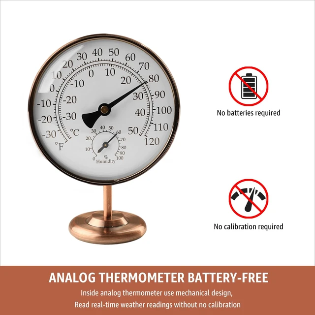 Alt view image 7 of 7 - 4" Indoor Thermometer & Humidity Gauge, Brass Dial with Stand | Room Analog Temperature & Humidity Monitor, Dual Scale Display, Battery-Free For House Home Desk Bedroom Garage RV