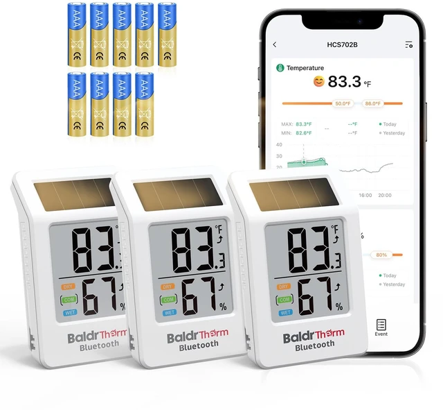 Main image of Bluetooth Thermometer Hygrometer 3 Pack, Indoor Room Humidity Meter | Guest Mode App Access ,260FT Wireless Range,Solar-Assisted Power,Smart Alerts for Office Home Fridge Greenhouse Camping