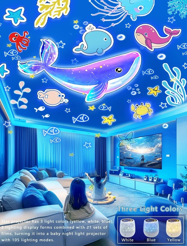 Alt view image 4 of 7 - Projector Night Light for Kids + 21 Sets of Films, Night Light Projector for Bedroom, Ceiling, Kids Star Galaxy Projector with 360° Rotation for Baby Girl Boy, Birthday, Christmas, Nursery, Room Decor