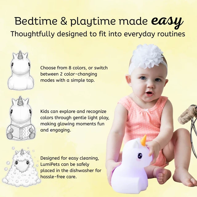 Alt view image 4 of 7 - Junior Unicorn Toddler Nightlight, Rechargeable Silicone Kids Lamp | 4"D x 5"W x 5"H | Squishy Nursery Night Light | Portable & Touch Control | BPA-free Silicone | 8 Colors, 32 Hour Runtime