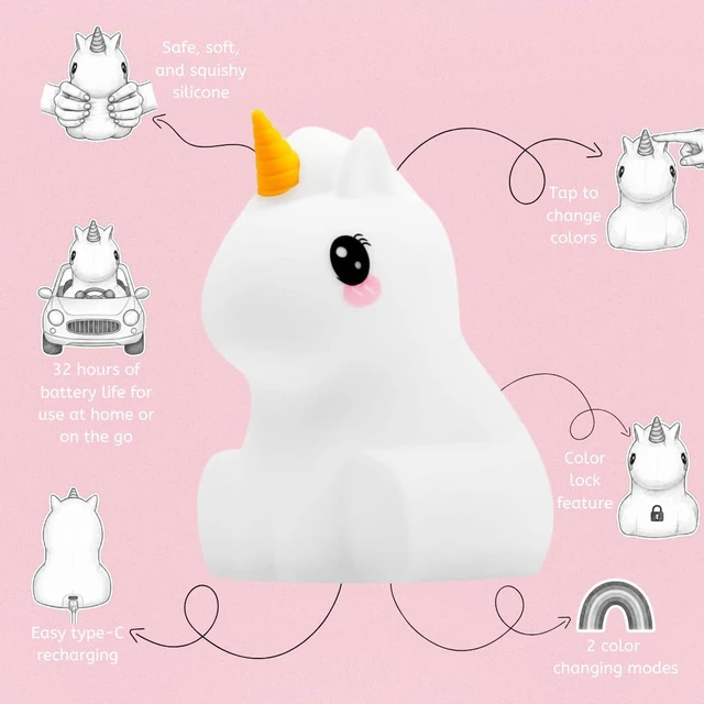 Alt view image 3 of 7 - Junior Unicorn Toddler Nightlight, Rechargeable Silicone Kids Lamp | 4"D x 5"W x 5"H | Squishy Nursery Night Light | Portable & Touch Control | BPA-free Silicone | 8 Colors, 32 Hour Runtime