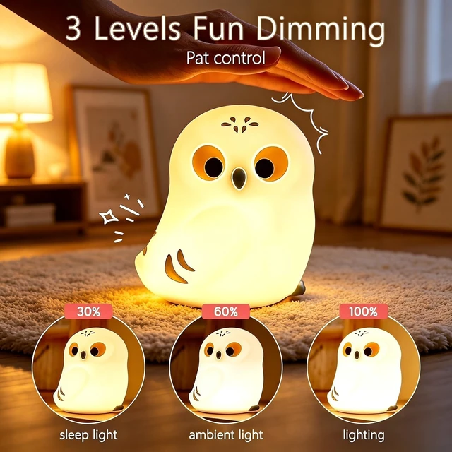Alt view image 2 of 6 - White Owl Night Light for Kids, Cute Squishy Lamp College Gifts | White Elephant Gifts, Rechargeable Dimmable Bedside Animal Lamp, Baby Room Nursery Decor, Boys Girls Trendy Stuff