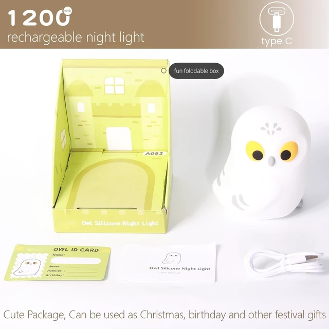 Alt view image 6 of 6 - White Owl Night Light for Kids, Cute Squishy Lamp College Gifts | White Elephant Gifts, Rechargeable Dimmable Bedside Animal Lamp, Baby Room Nursery Decor, Boys Girls Trendy Stuff