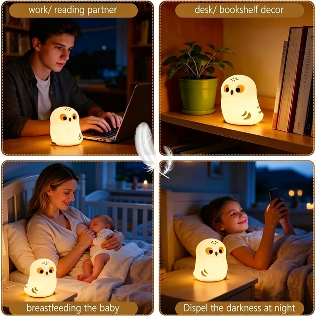 Alt view image 5 of 6 - White Owl Night Light for Kids, Cute Squishy Lamp College Gifts | White Elephant Gifts, Rechargeable Dimmable Bedside Animal Lamp, Baby Room Nursery Decor, Boys Girls Trendy Stuff