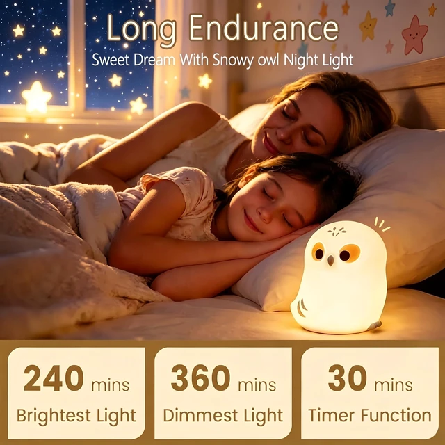 Alt view image 3 of 6 - White Owl Night Light for Kids, Cute Squishy Lamp College Gifts | White Elephant Gifts, Rechargeable Dimmable Bedside Animal Lamp, Baby Room Nursery Decor, Boys Girls Trendy Stuff