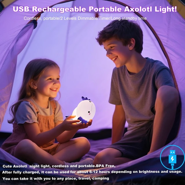 Alt view image 5 of 6 - Axolotl Squishy Silicone Night Light, 2 Dimmable Warm Brightness | with 20 Min Timer Rechargeable Touch Bedside Lamp, Kawaii Nursery Decor Gift for Baby Toddler Teen Girls College Dorm