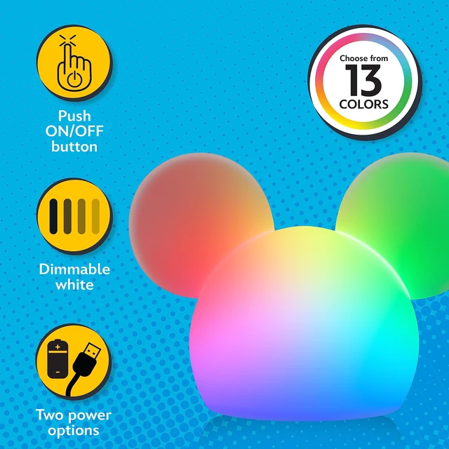 Alt view image 2 of 7 - Squish'ems Mickey Mouse Night Light for Kids, Soft Silicone | 13 Color Modes and Dimmable Warm White Light for Kids Room, Nursery, and Bedroom, USB Powered with AAA Battery Option