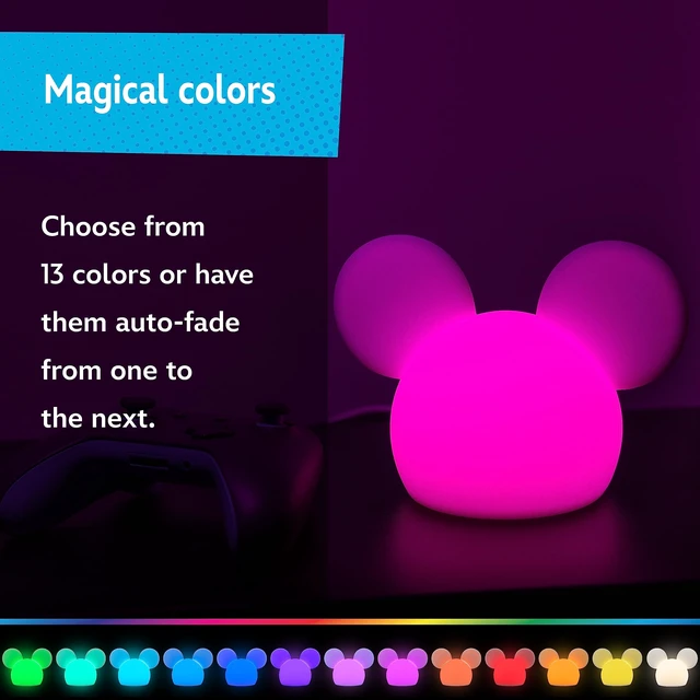 Alt view image 5 of 7 - Squish'ems Mickey Mouse Night Light for Kids, Soft Silicone | 13 Color Modes and Dimmable Warm White Light for Kids Room, Nursery, and Bedroom, USB Powered with AAA Battery Option