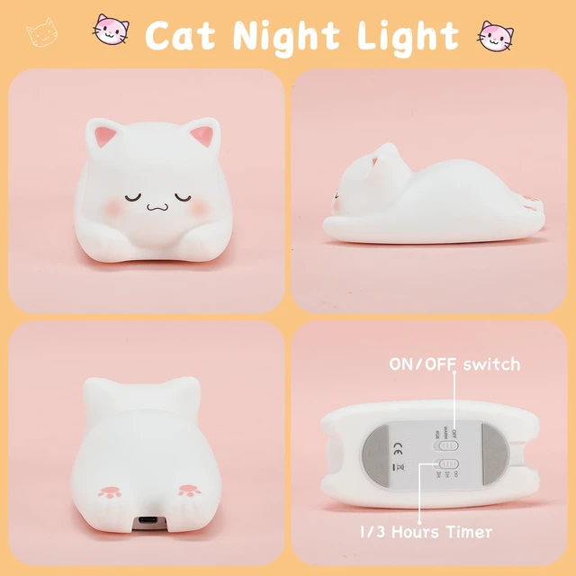Alt view image 2 of 7 - Cute Night Light for Kids Cat Night-Light Baby Girl Squishy NightLight 1/3 Hour Timer Kitty Light Dimmable Nursery Lamp Colorful Nightlight Gift for Kid Toddler Kawaii Bedroom (Mimi)