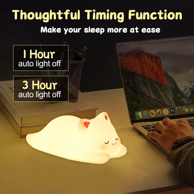 Alt view image 6 of 7 - Cute Night Light for Kids Cat Night-Light Baby Girl Squishy NightLight 1/3 Hour Timer Kitty Light Dimmable Nursery Lamp Colorful Nightlight Gift for Kid Toddler Kawaii Bedroom (Mimi)