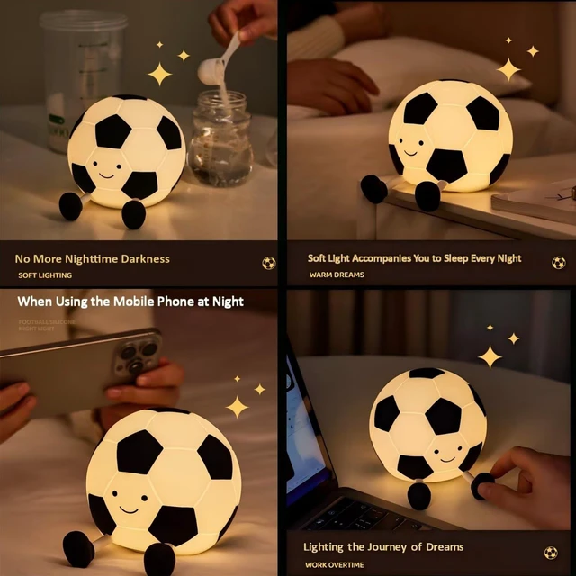 Alt view image 2 of 7 - Cute Soccer Ball Night Light, Soft Silicone Cartoon Football Lamp, Rechargeable Bedside Nightlight with Timer Dimmable Nursery Light for Bedroom Sports Themed Room Decor, Gift for Soccer Fans