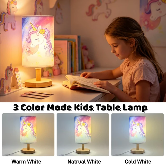 Alt view image 2 of 7 - Unicorn Lamp,Cute Kids Table Lamp for Bedroom Girls Decorative Bedside Lamp | Unicorn Gifts for Girl,3Color Modes LED Nightstand Night Light,Linen Lampshade Desk Lamp for Boys Girls Room Nurser Decor