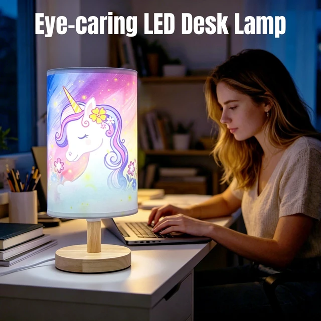 Alt view image 4 of 7 - Unicorn Lamp,Cute Kids Table Lamp for Bedroom Girls Decorative Bedside Lamp | Unicorn Gifts for Girl,3Color Modes LED Nightstand Night Light,Linen Lampshade Desk Lamp for Boys Girls Room Nurser Decor