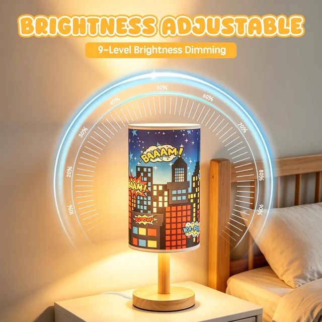 Alt view image 4 of 7 - City Table Lamp for Kids Bedroom, 3-Way Dimmable Bedside Lamp with Wooden Base and Fabric Shade, Comic Book Night Light for Boys Room Decor, Cartoon Skyline Lamp for Nursery Playroom