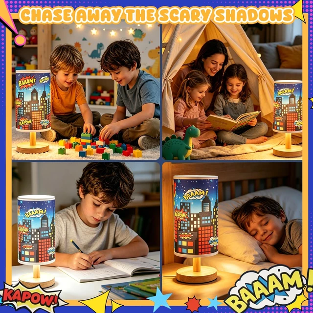 Alt view image 2 of 7 - City Table Lamp for Kids Bedroom, 3-Way Dimmable Bedside Lamp with Wooden Base and Fabric Shade, Comic Book Night Light for Boys Room Decor, Cartoon Skyline Lamp for Nursery Playroom