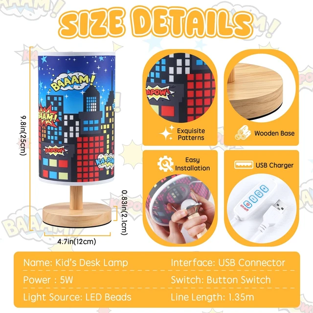 Alt view image 3 of 7 - City Table Lamp for Kids Bedroom, 3-Way Dimmable Bedside Lamp with Wooden Base and Fabric Shade, Comic Book Night Light for Boys Room Decor, Cartoon Skyline Lamp for Nursery Playroom